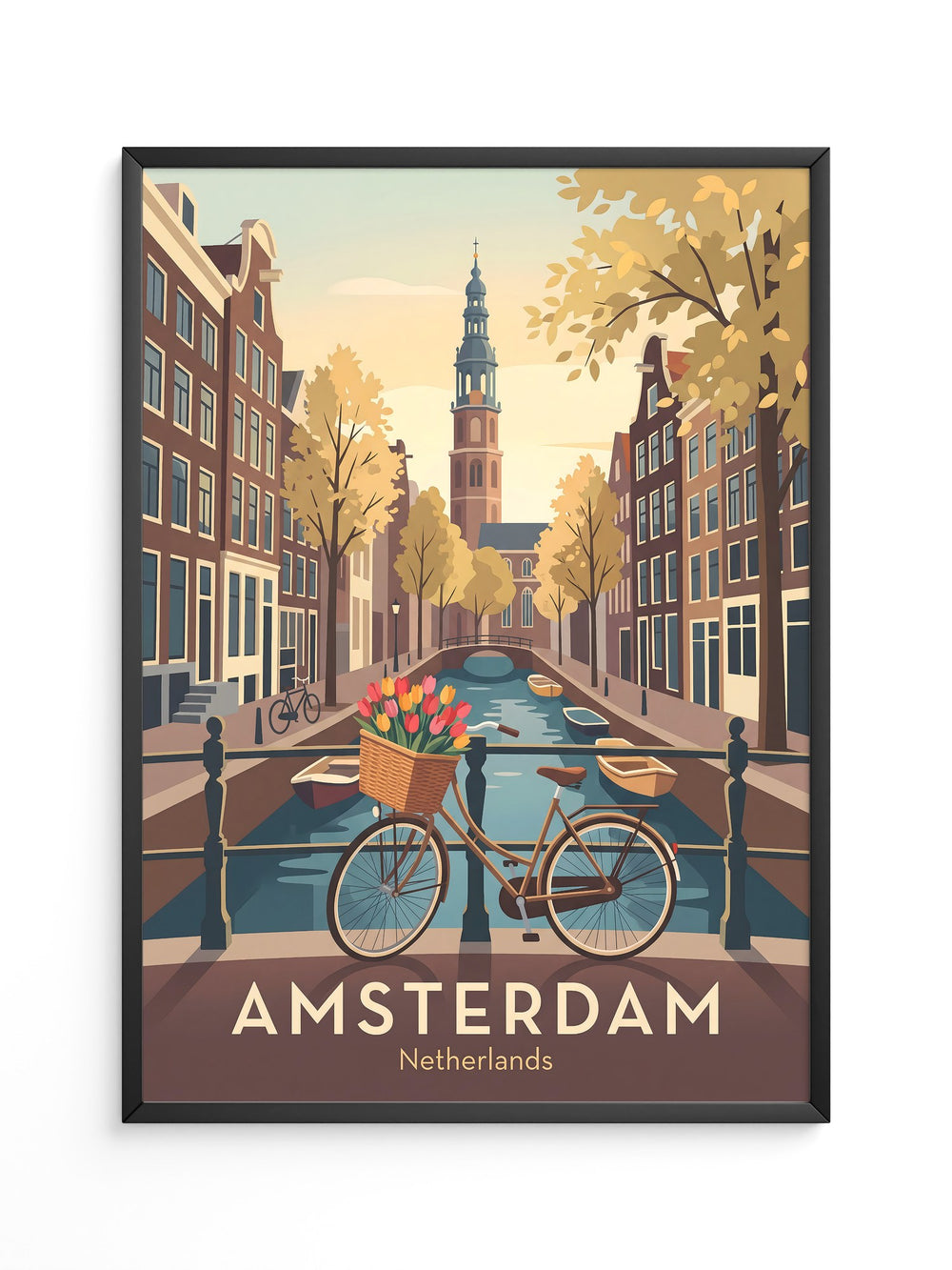 Fahrrad und Tulpen an Amsterdamer Gracht