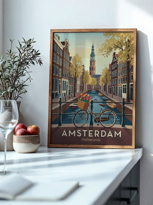 Fahrrad und Tulpen an Amsterdamer Gracht