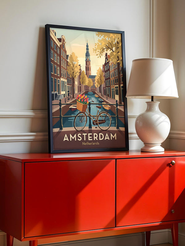 Fahrrad und Tulpen an Amsterdamer Gracht