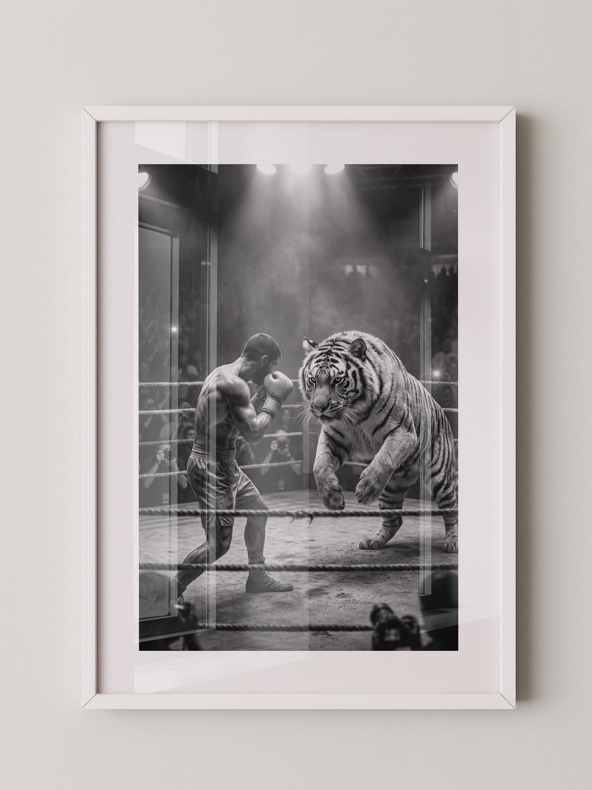 Mann gegen Tiger Ringkampf S/W