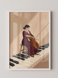 Cellistin auf Klaviertasten