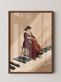 Cellistin auf Klaviertasten