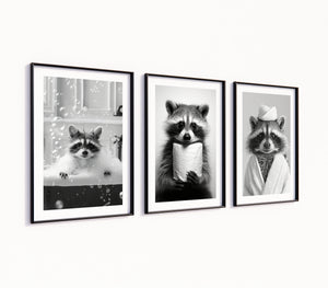 Poster Set „Badespaß“ – Waschbär Trio fürs Badezimmer