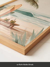 Surfbretter Strand Palmen Aquarell