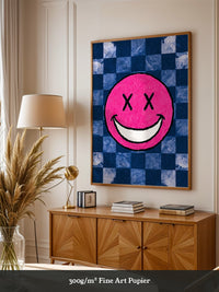 Grinsendes Emoji Pink Blau Gerastert