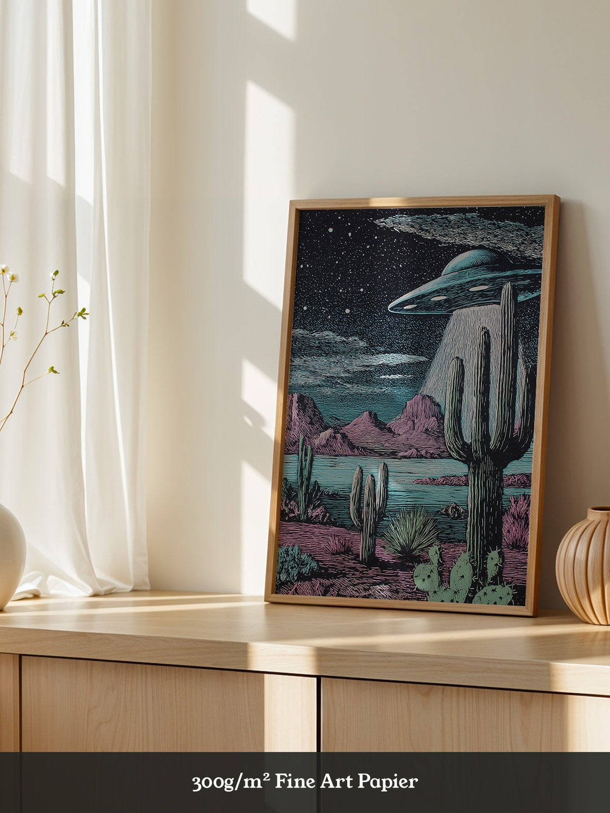 UFO Kaktus Nachts Landschaft Retro