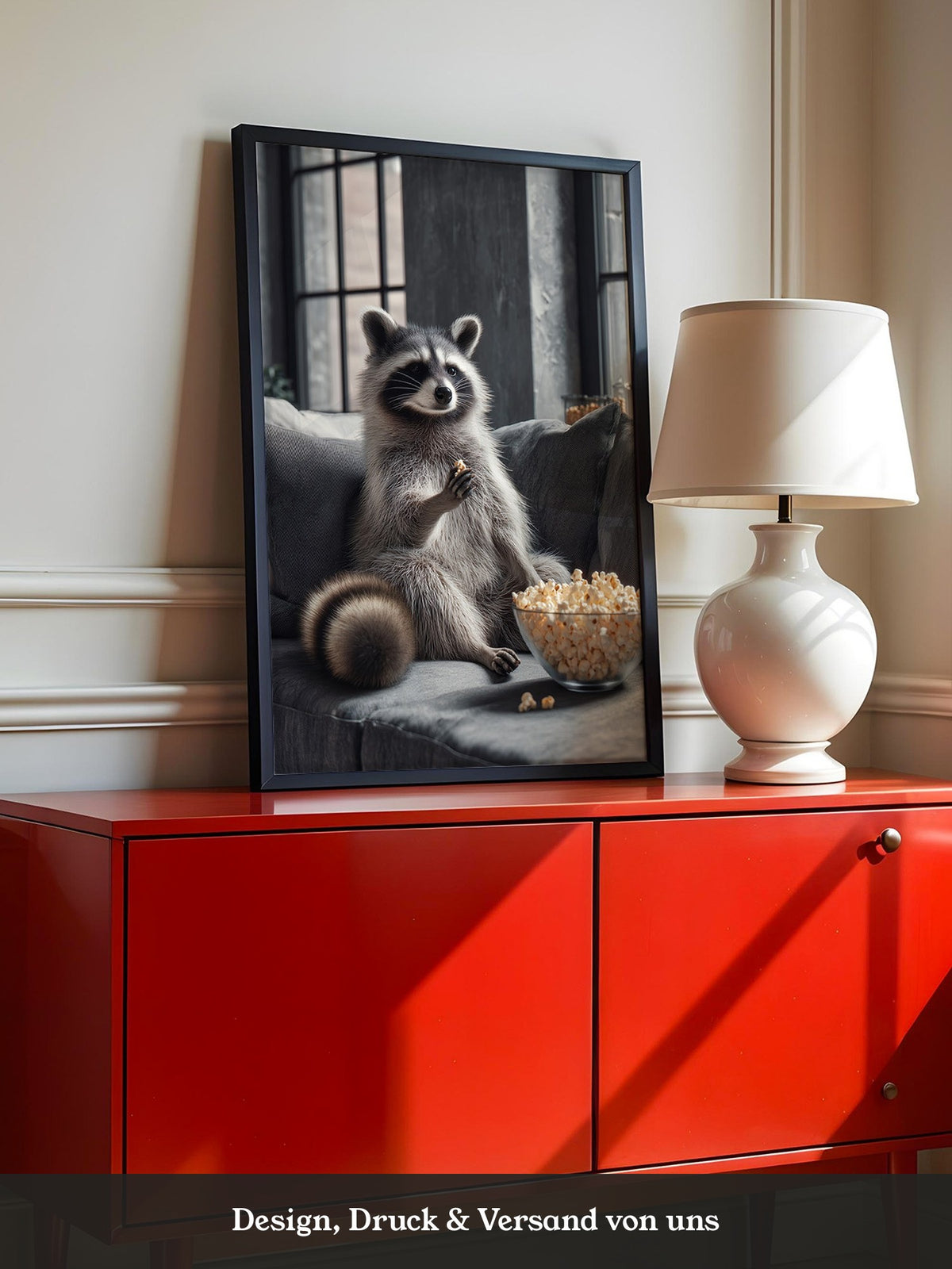 Waschbär Couch Popcorn Szenerie