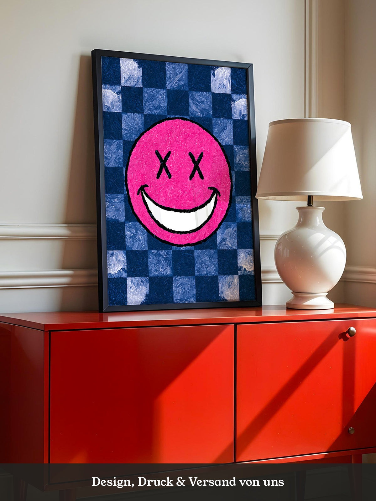 Grinsendes Emoji Pink Blau Gerastert