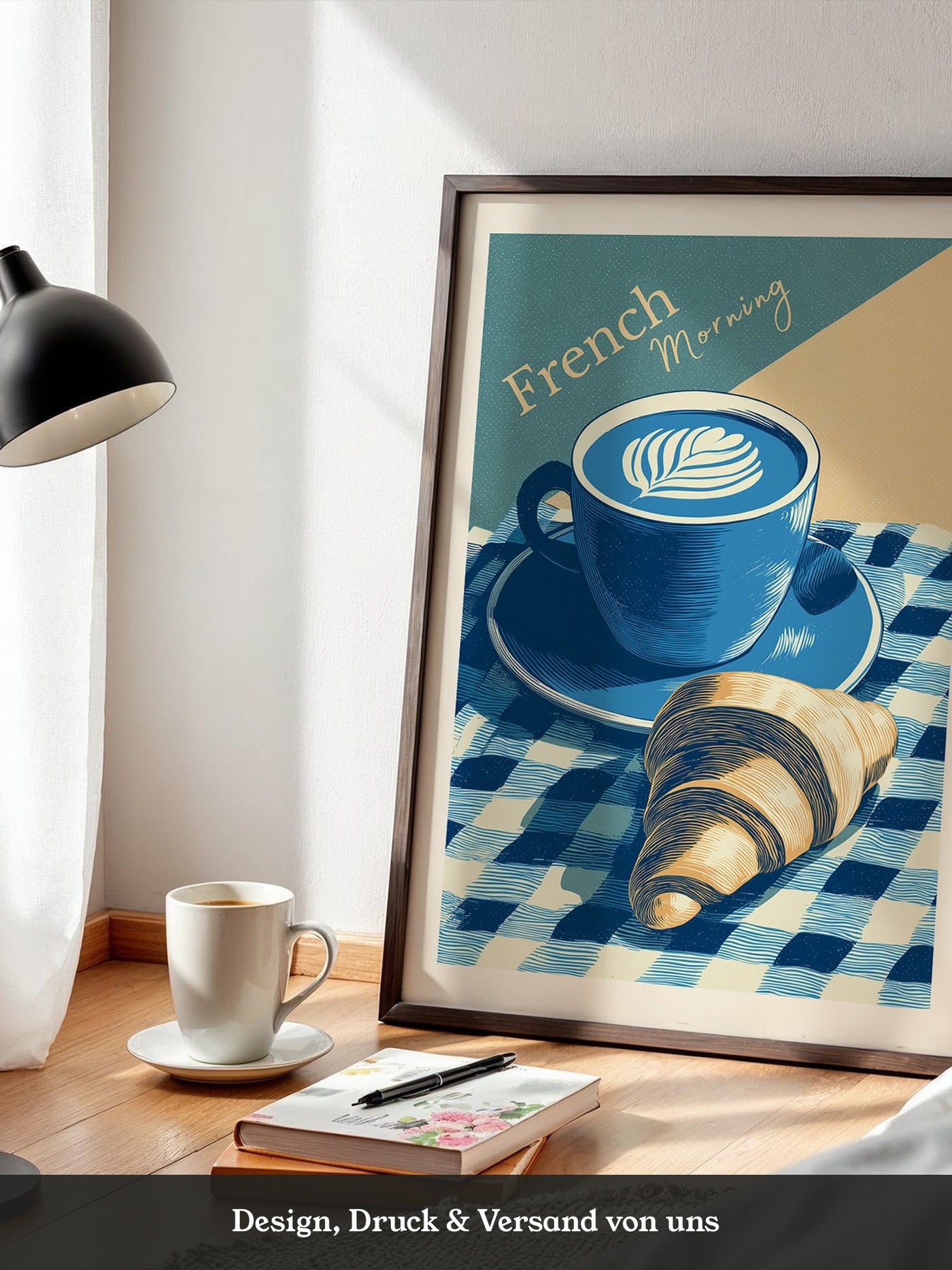Kaffee Croissant Blau Retro