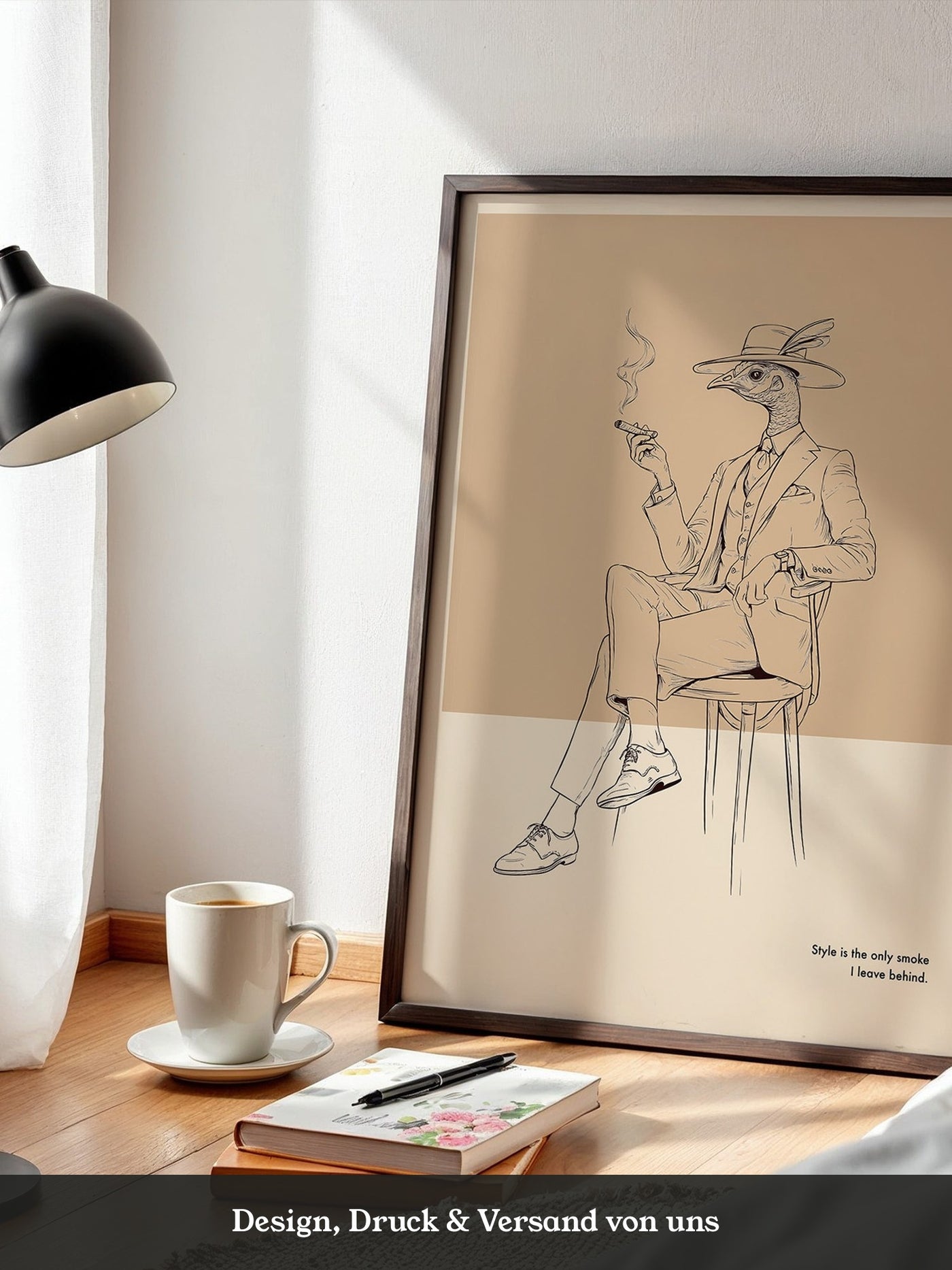Vogel Gentleman Zigarrenrauch Skizze