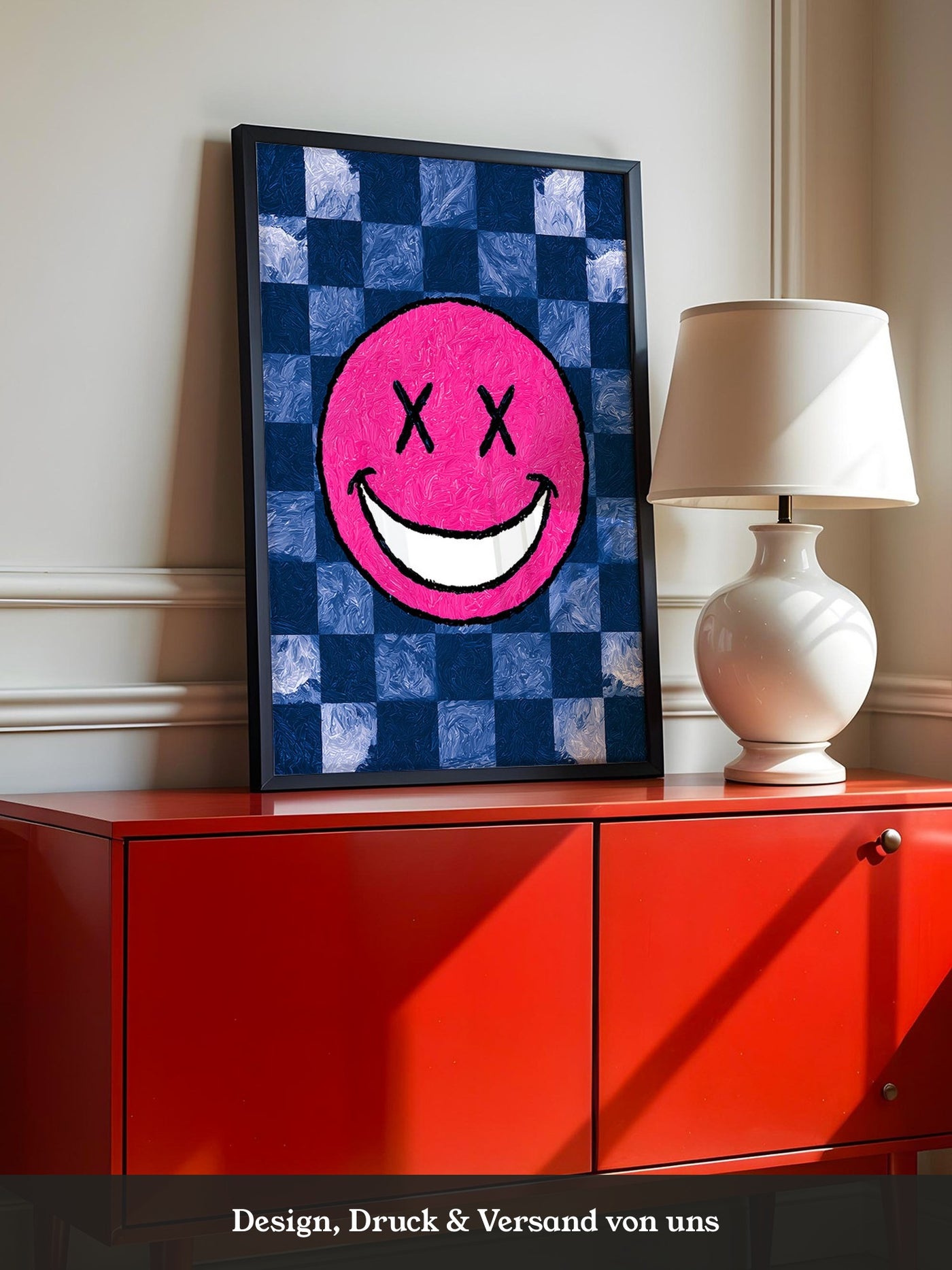Grinsendes Emoji Pink Blau Gerastert