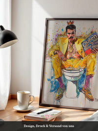 Mann gelber Anzug auf Toilette