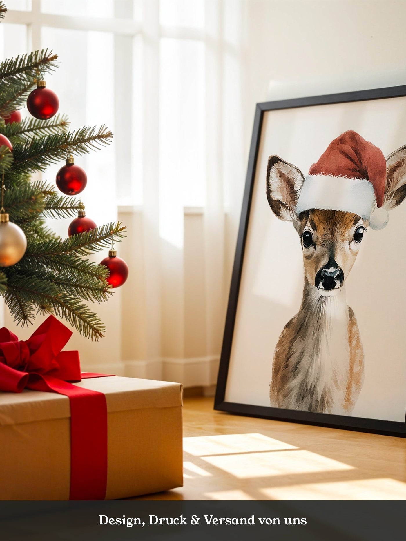 Rehkitz Weihnachtsmütze Aquarell