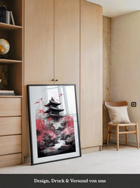 Pagode Aquarell Rote Blüten