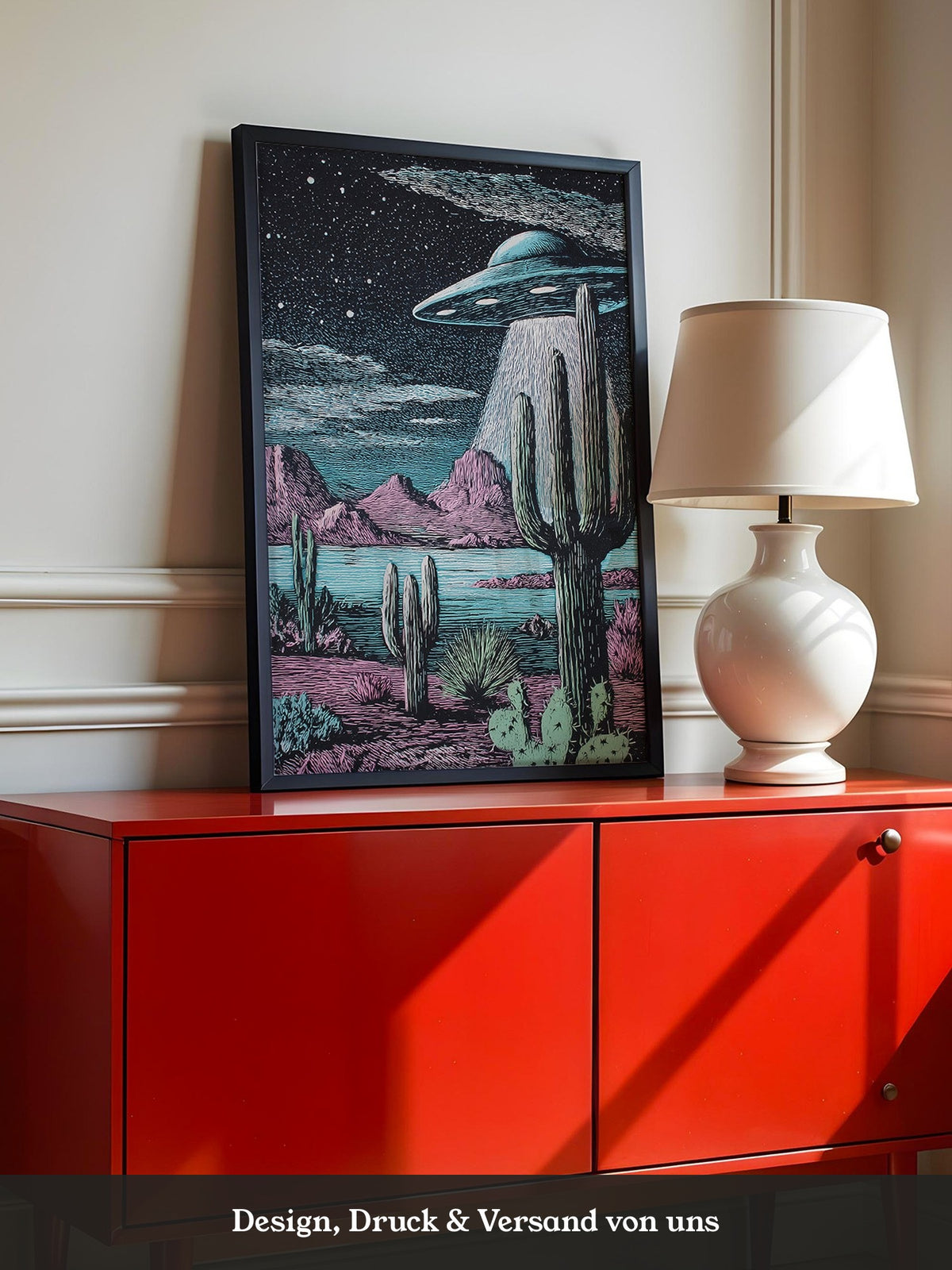 UFO Kaktus Nachts Landschaft Retro