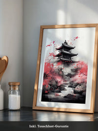 Pagode Aquarell Rote Blüten