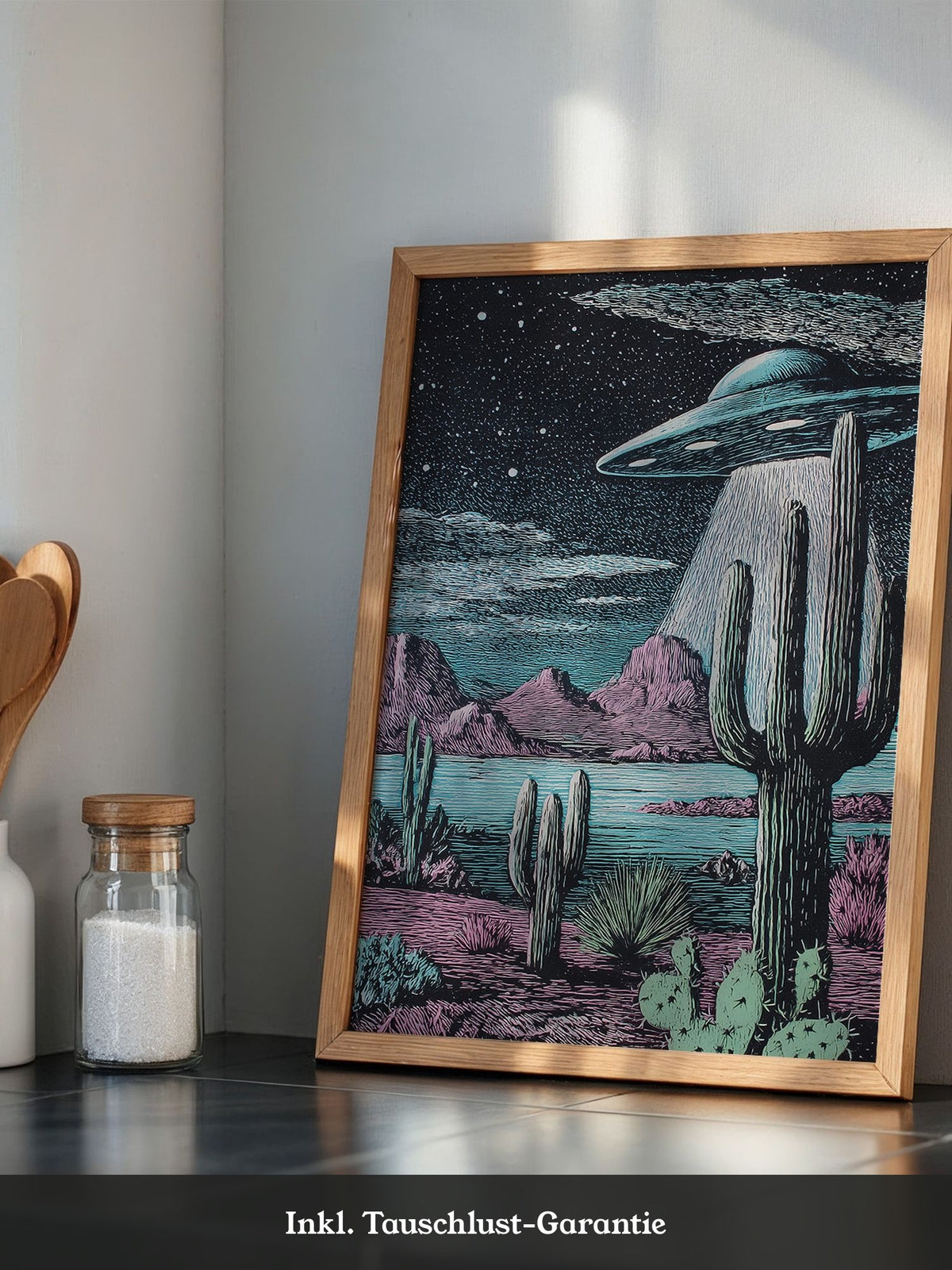 UFO Kaktus Nachts Landschaft Retro