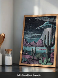 UFO Kaktus Nachts Landschaft Retro