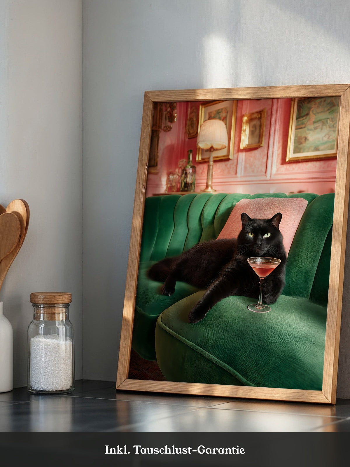 Schwarze Katze Couch Cocktailtrinken