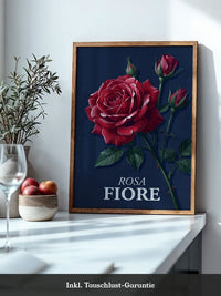 Rote Rose vor Dunkelblau