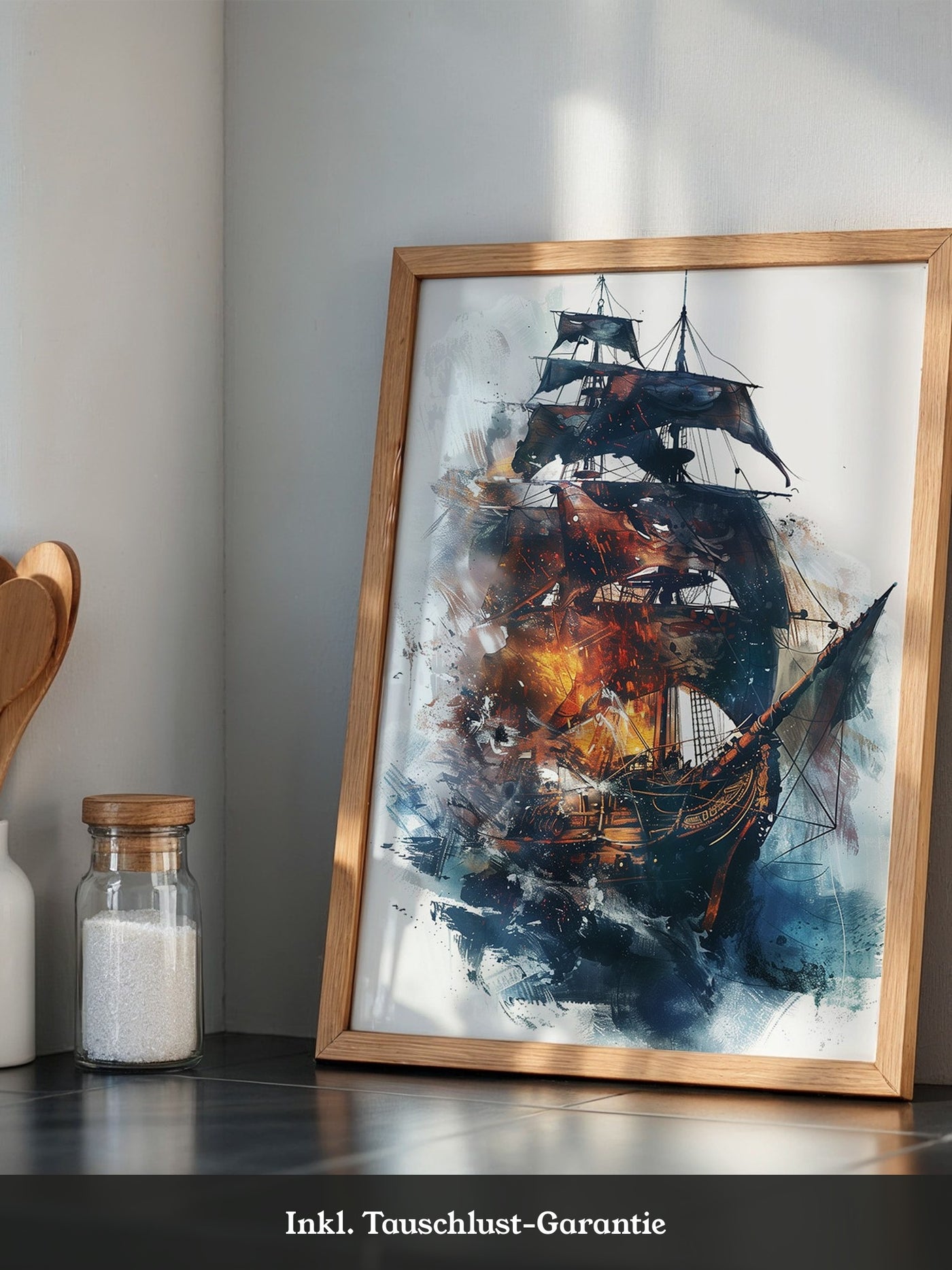 Segelschiff Flammen Aquarell