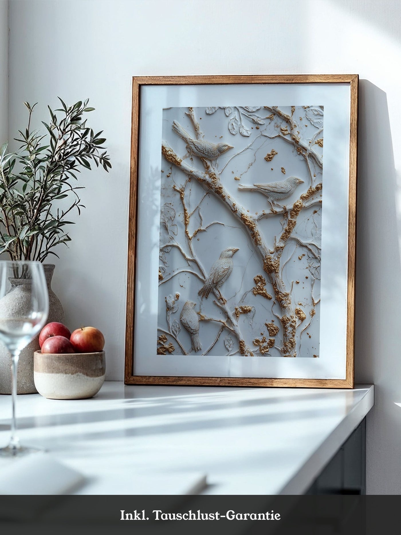 Vögel Äste Relief Goldakzente