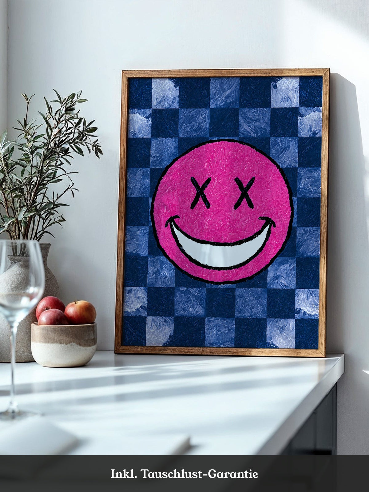 Grinsendes Emoji Pink Blau Gerastert