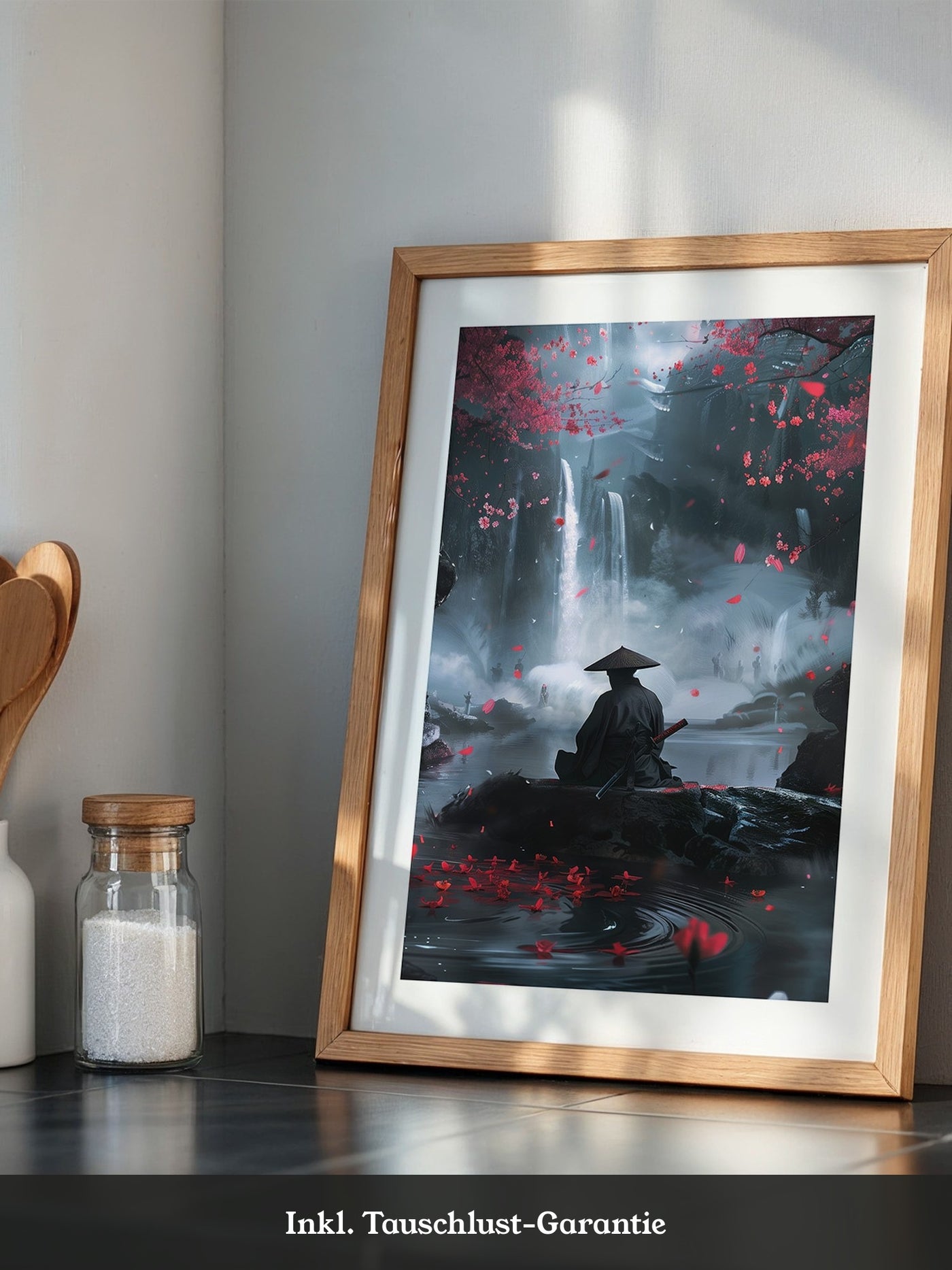 Samurai Wasserfall Kirschblüten Tableau