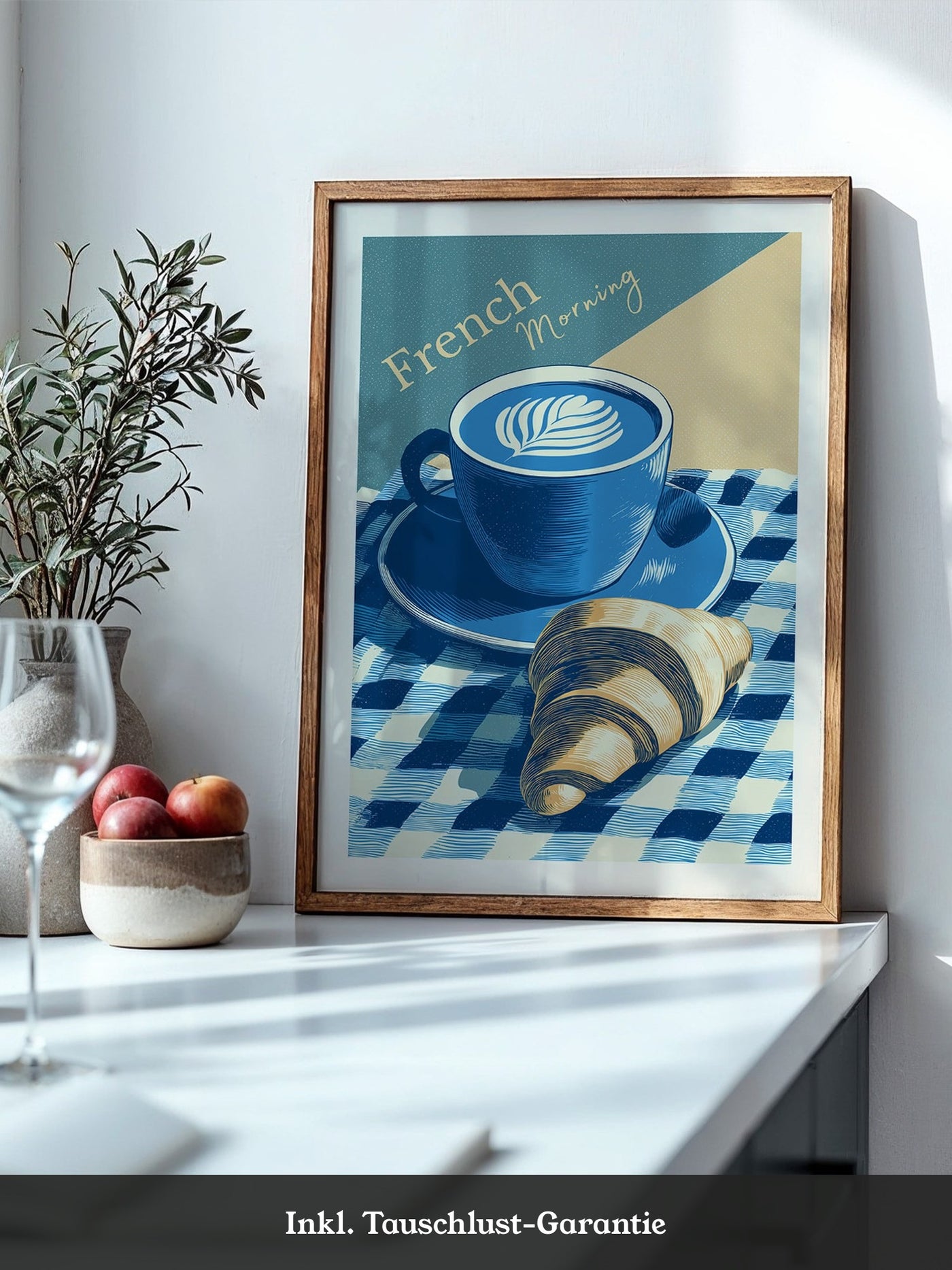 Kaffee Croissant Blau Retro