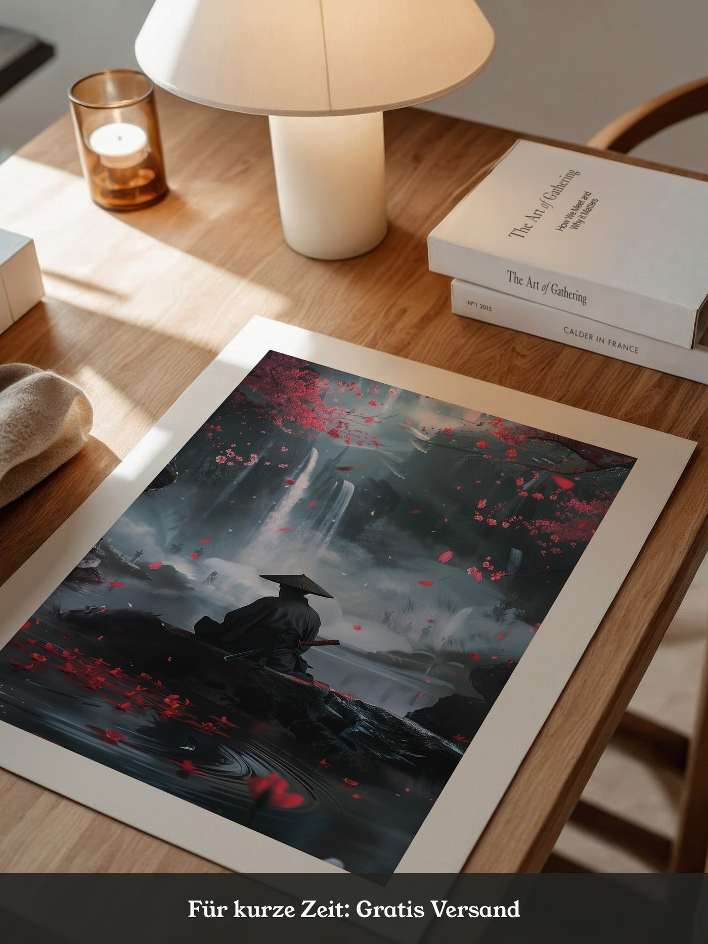 Samurai Wasserfall Kirschblüten Tableau
