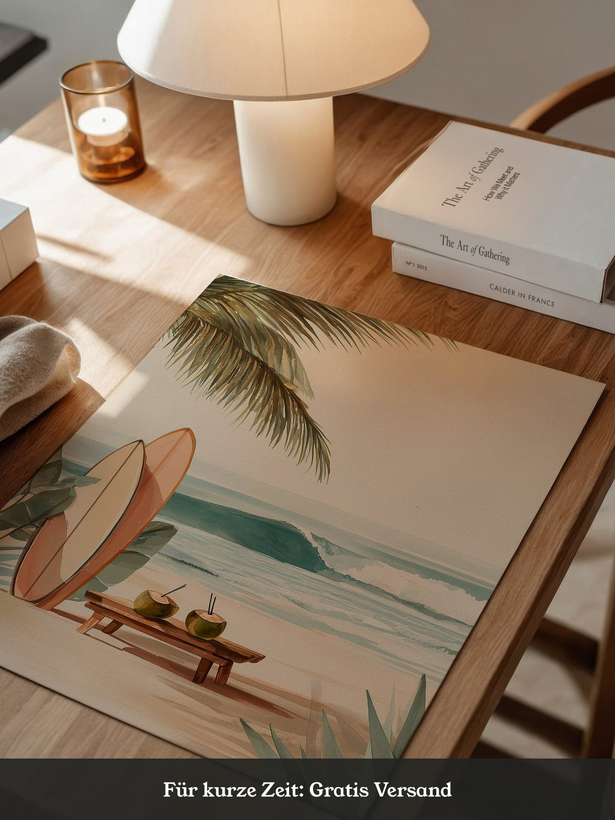 Surfbretter Strand Palmen Aquarell