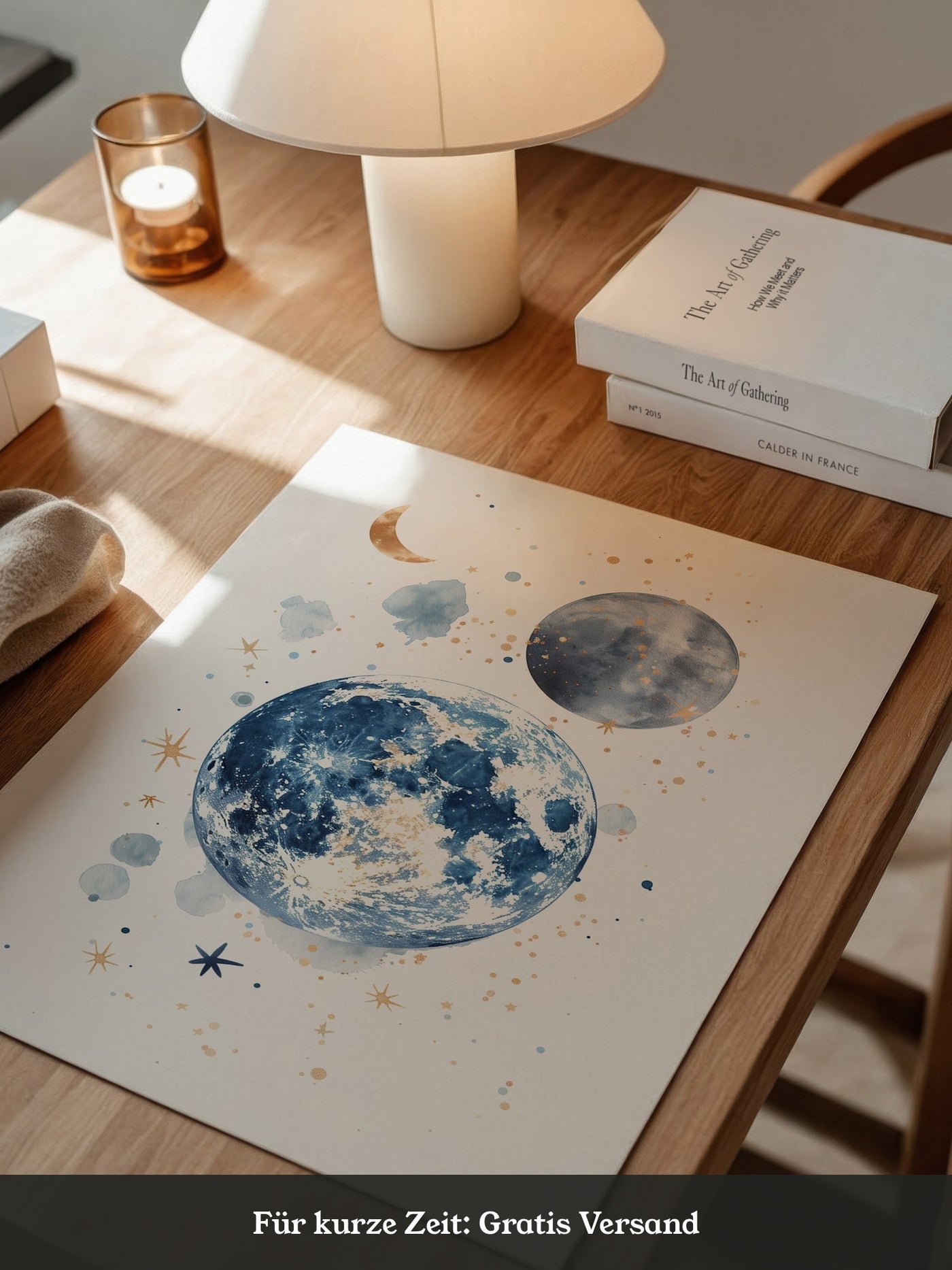 Mond Aquarell Gold Akzente