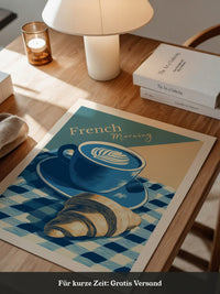Kaffee Croissant Blau Retro