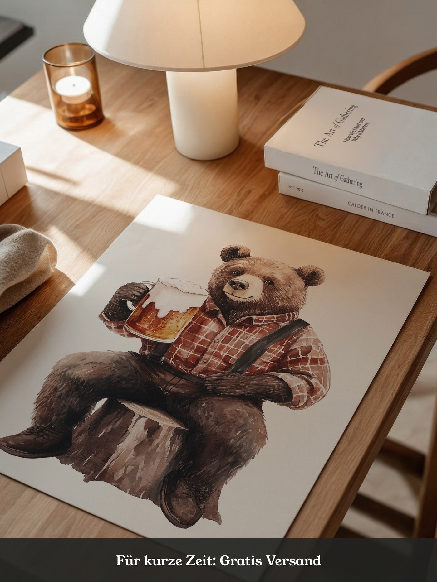 Bär mit Bier in Holzfällerhemd