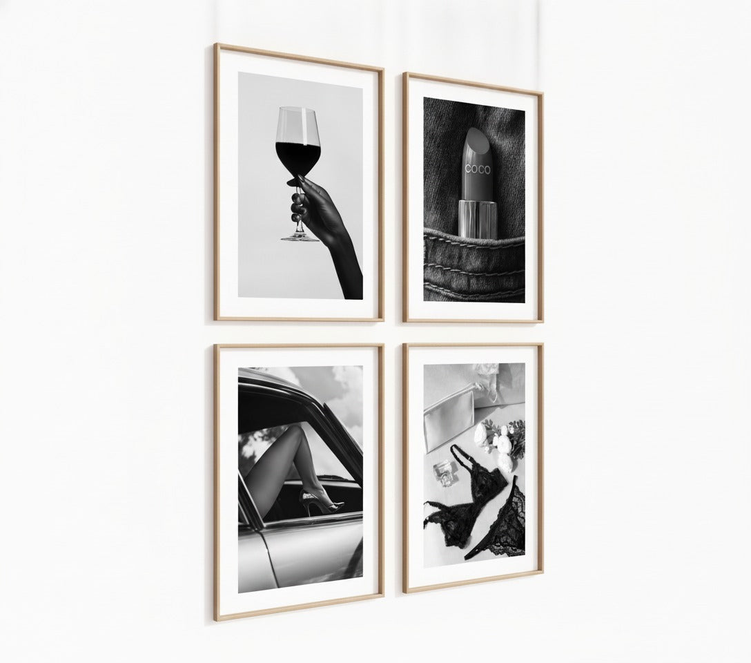 Poster-Set '9' - 4 elegante S/W Motive: Weinglas, Dessous, Auto & Lippenstift - Bild 3