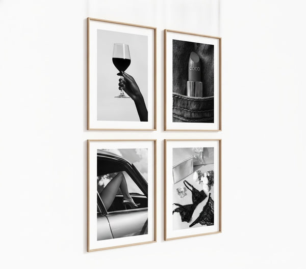Poster-Set '9' - 4 elegante S/W Motive: Weinglas, Dessous, Auto & Lippenstift - Bild 3