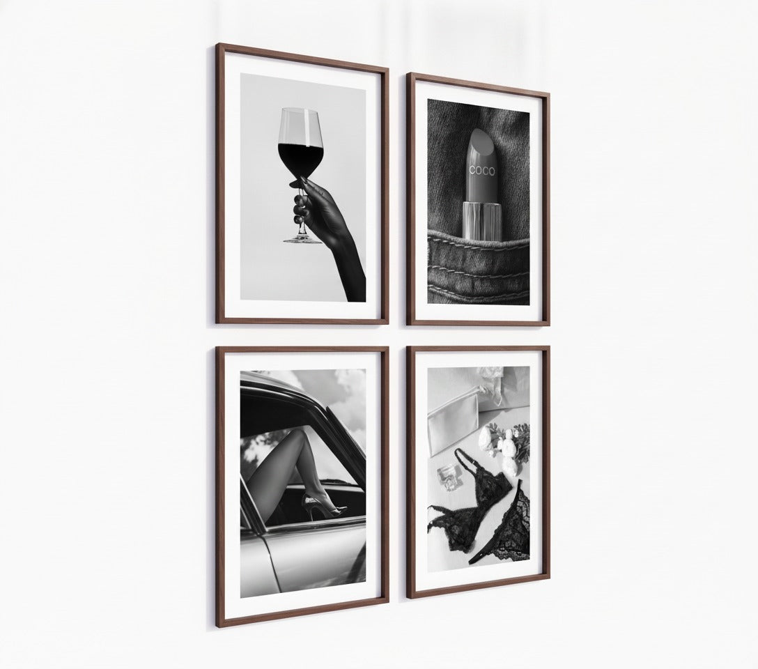 Poster-Set '9' - 4 elegante S/W Motive: Weinglas, Dessous, Auto & Lippenstift - Bild 4