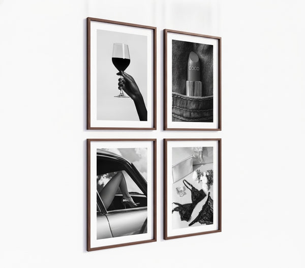 Poster-Set '9' - 4 elegante S/W Motive: Weinglas, Dessous, Auto & Lippenstift - Bild 4