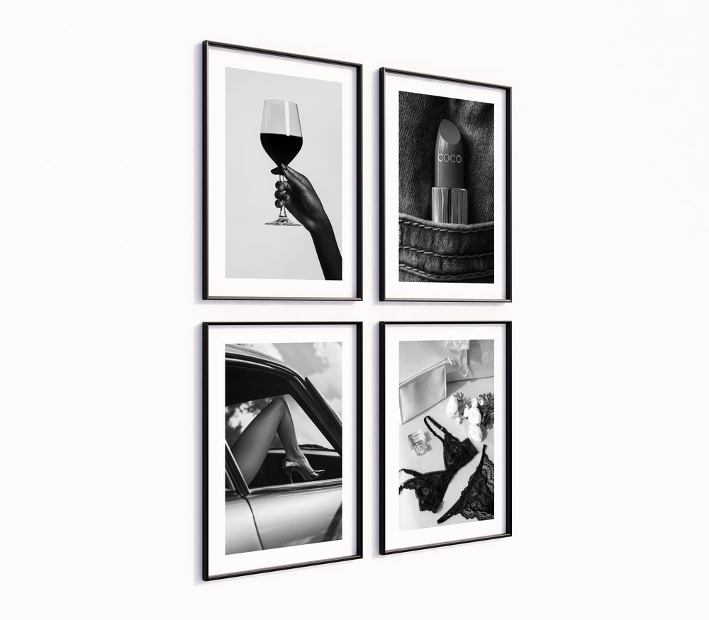 Poster-Set '9' - 4 elegante S/W Motive: Weinglas, Dessous, Auto & Lippenstift