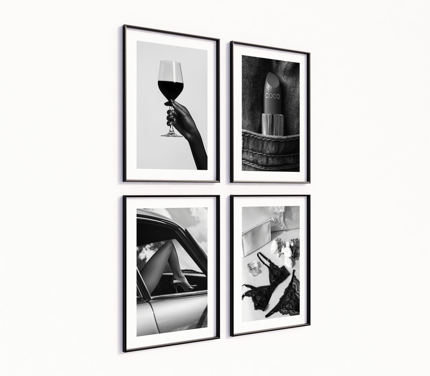 Poster-Set '9' - 4 elegante S/W Motive: Weinglas, Dessous, Auto & Lippenstift