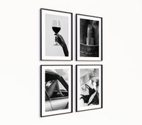 Poster-Set '9' - 4 elegante S/W Motive: Weinglas, Dessous, Auto & Lippenstift