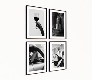 Poster-Set '9' - 4 elegante S/W Motive: Weinglas, Dessous, Auto & Lippenstift
