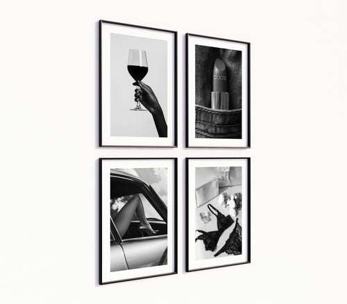 Poster-Set '9' - 4 elegante S/W Motive: Weinglas, Dessous, Auto & Lippenstift