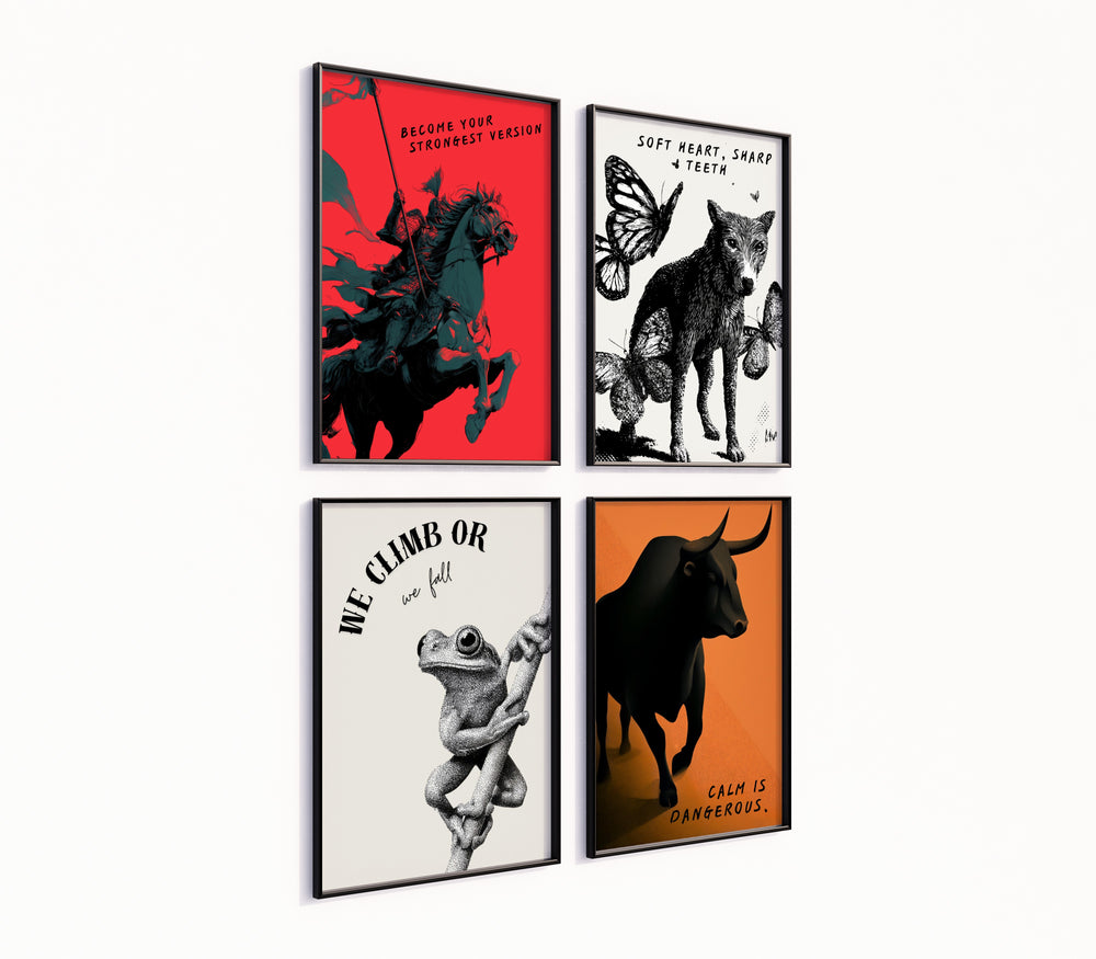 Poster-Set '13' - 4 Kunstdrucke: Frosch, Bulle, Ritter, Wolf | Wanddeko-Kollektion