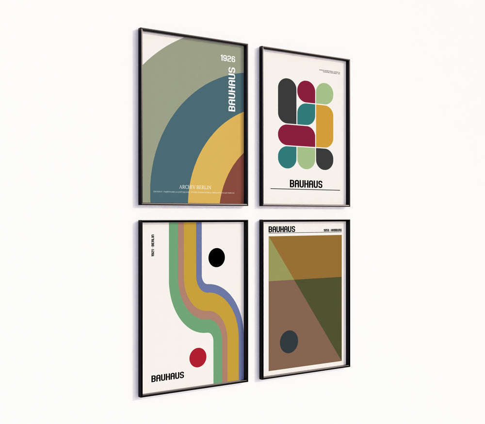 Poster-Set '12' - 4x Bauhaus Geometrie Retro | Bunte Linien & Kreise Design
