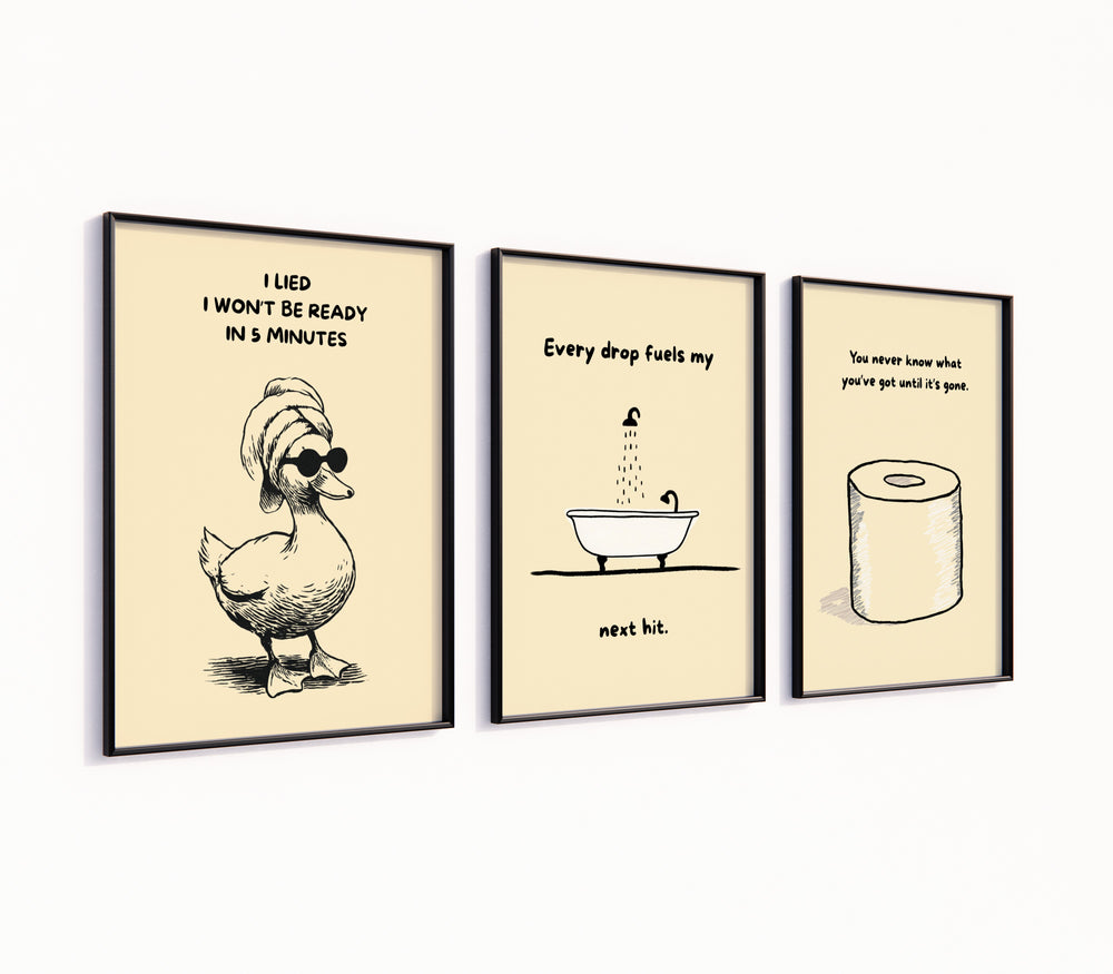 Poster-Set '5' - Badezimmer Humor (3er-Set) - Rosa Ente, Badewanne & Toilettenpapier