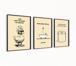 Poster-Set '5' - Badezimmer Humor (3er-Set) - Rosa Ente, Badewanne & Toilettenpapier