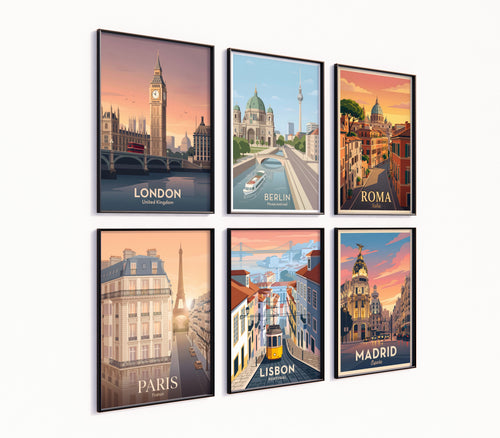 Poster-Set '7' - 5 Europäische Städte im Vintage Stil | Retro Wandbilder