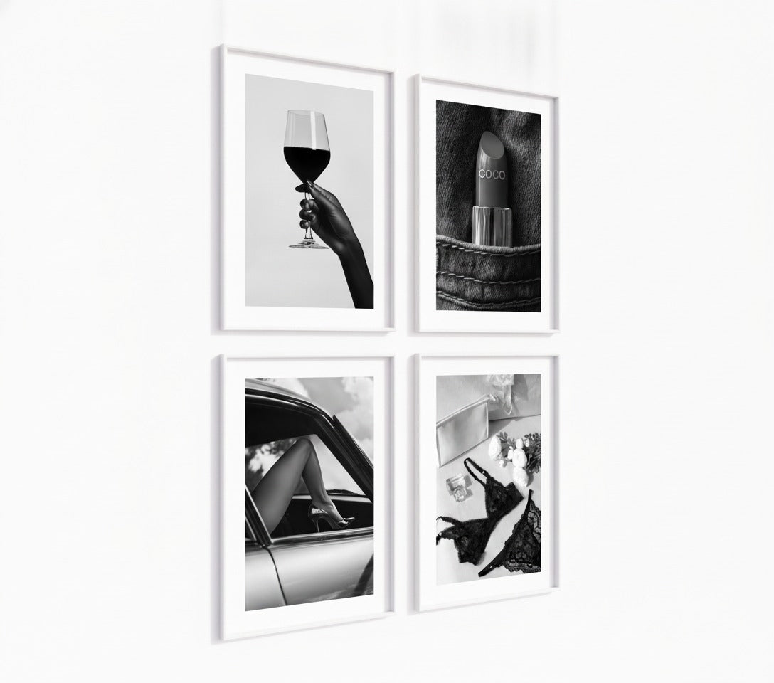 Poster-Set '9' - 4 elegante S/W Motive: Weinglas, Dessous, Auto & Lippenstift - Bild 2