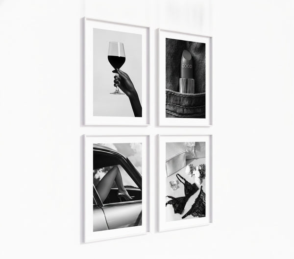 Poster-Set '9' - 4 elegante S/W Motive: Weinglas, Dessous, Auto & Lippenstift - Bild 2